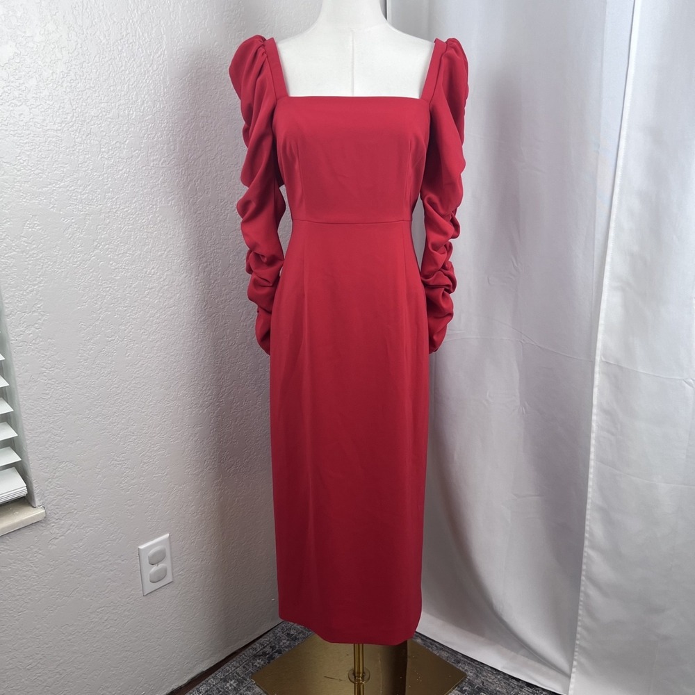 Antonio Melani Midi Dress Womens 2 Red Elena Crepe Ruched Sleeve Occasion NWT